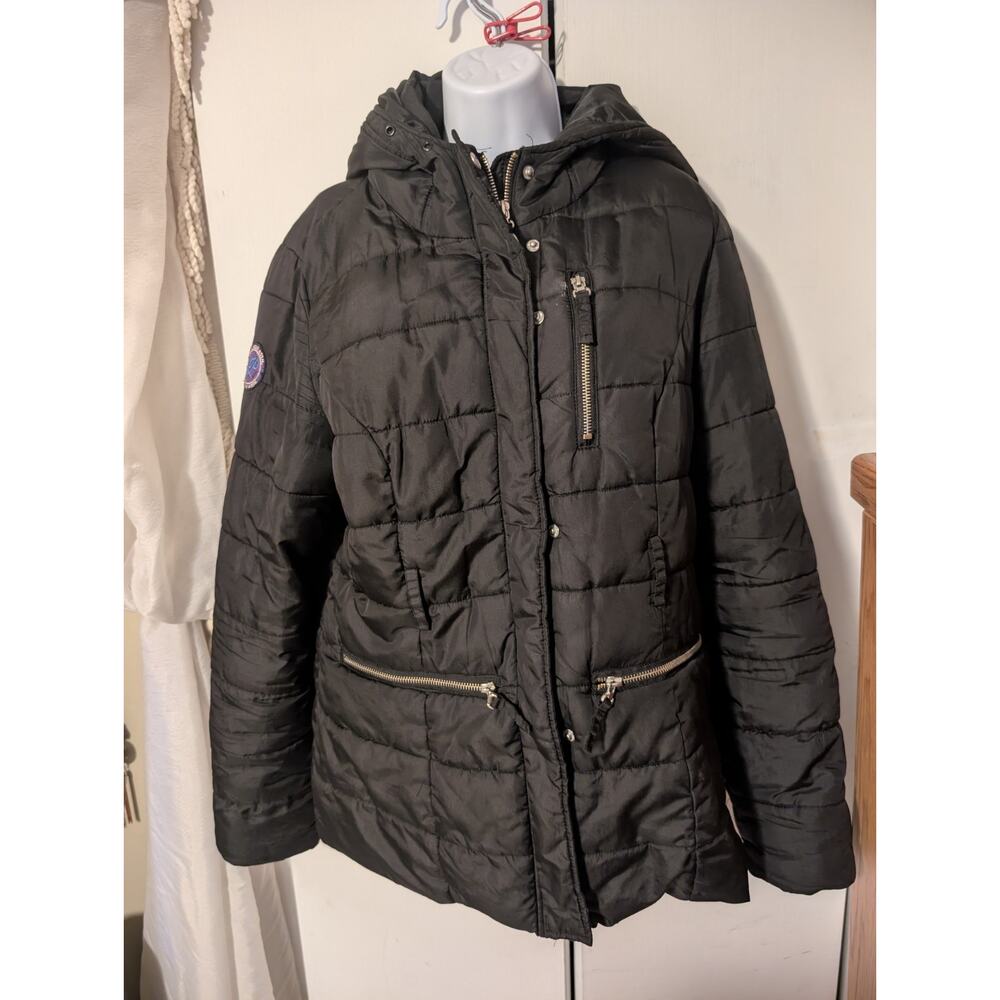 US Polo Assn Women’s Size Large Puffer Coat Jacket Black Hooded Zip Up
